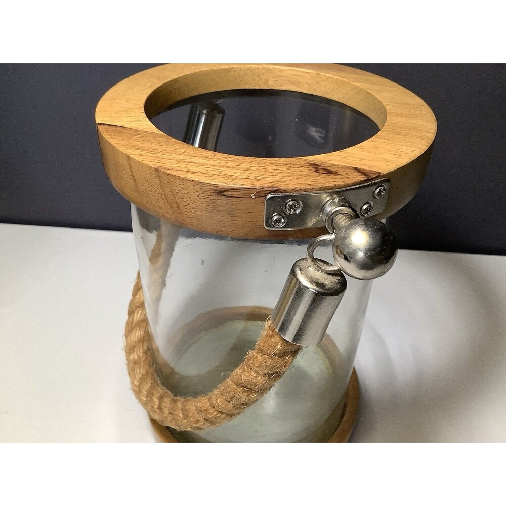 Nautical Coastal Beach Candle Holder Hurricane Jute Rope Handle Silver Accents - Picture 3 of 8